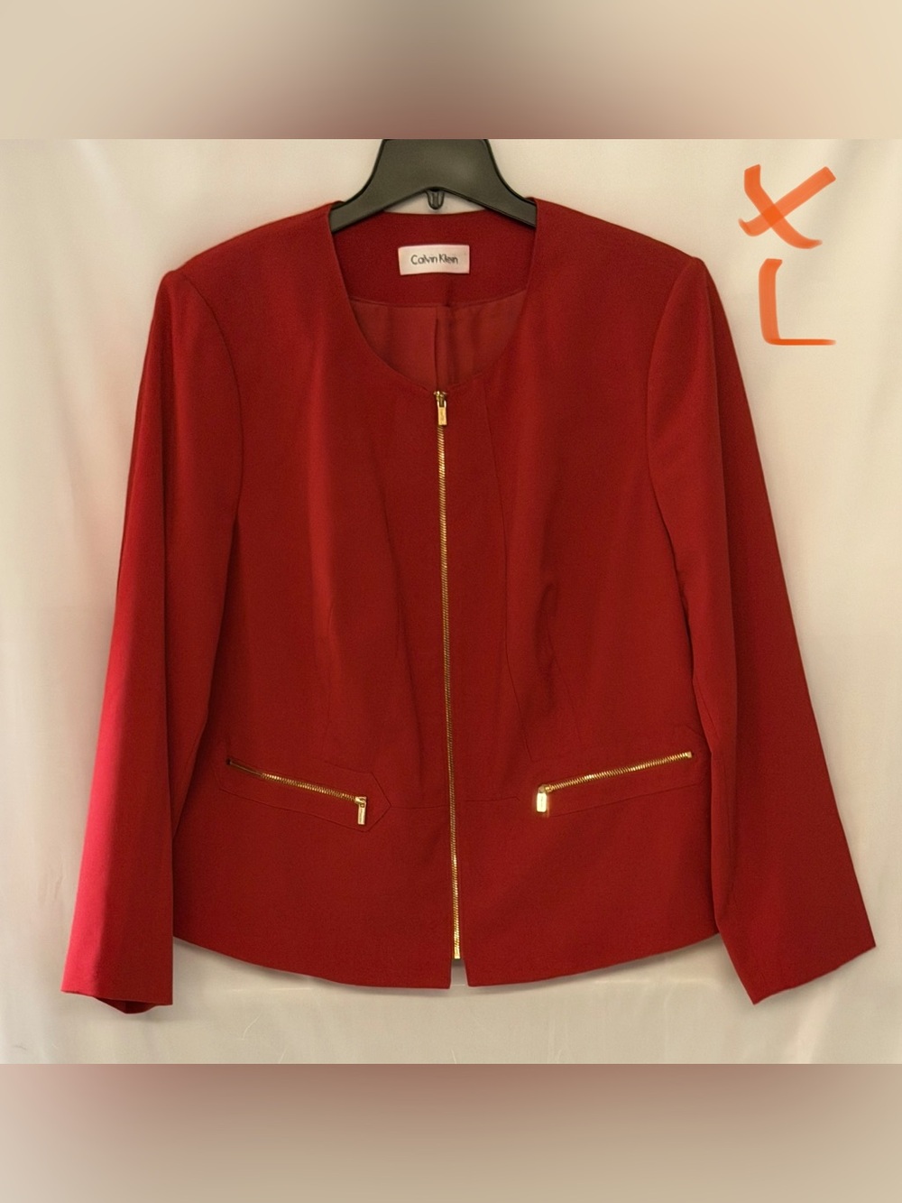 Calvin Klein Red Zip-Front Blazer with Gold Zippers